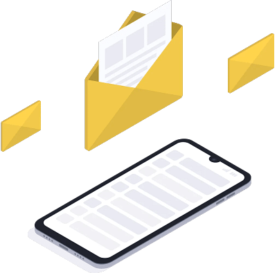 Ilustración isométrica de un sobre y un celular como medios de contacto