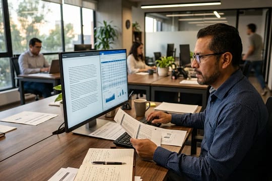 Auditor profesional revisando contenido generado por inteligencia artificial