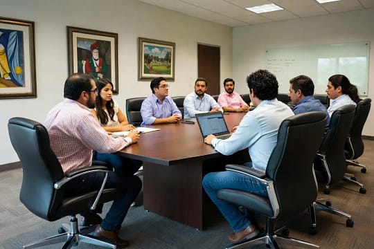 Reunión en la sala de juntas de una empresa, ilustrando la transcripción de audio de minutas